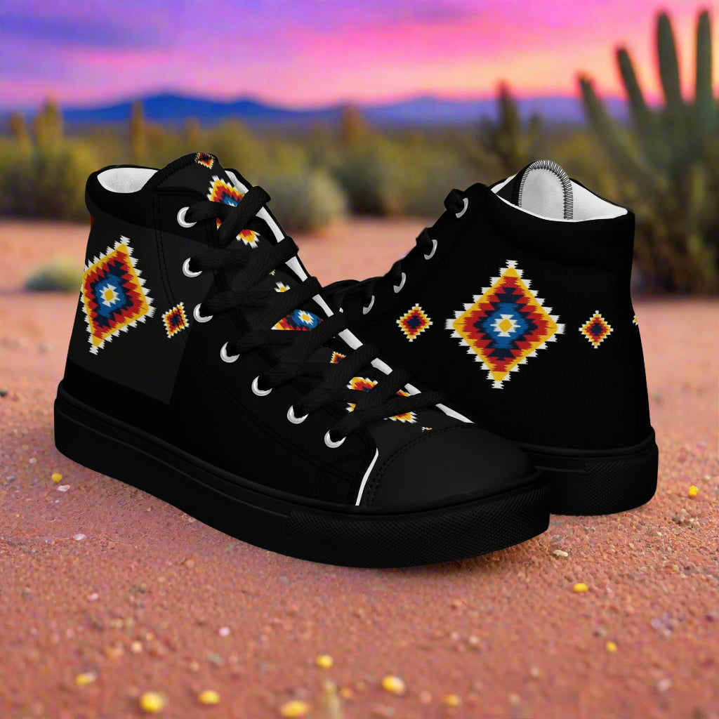 WildSage Market black High Top Canvas Shoes with southwestern diamond pattern and white trim