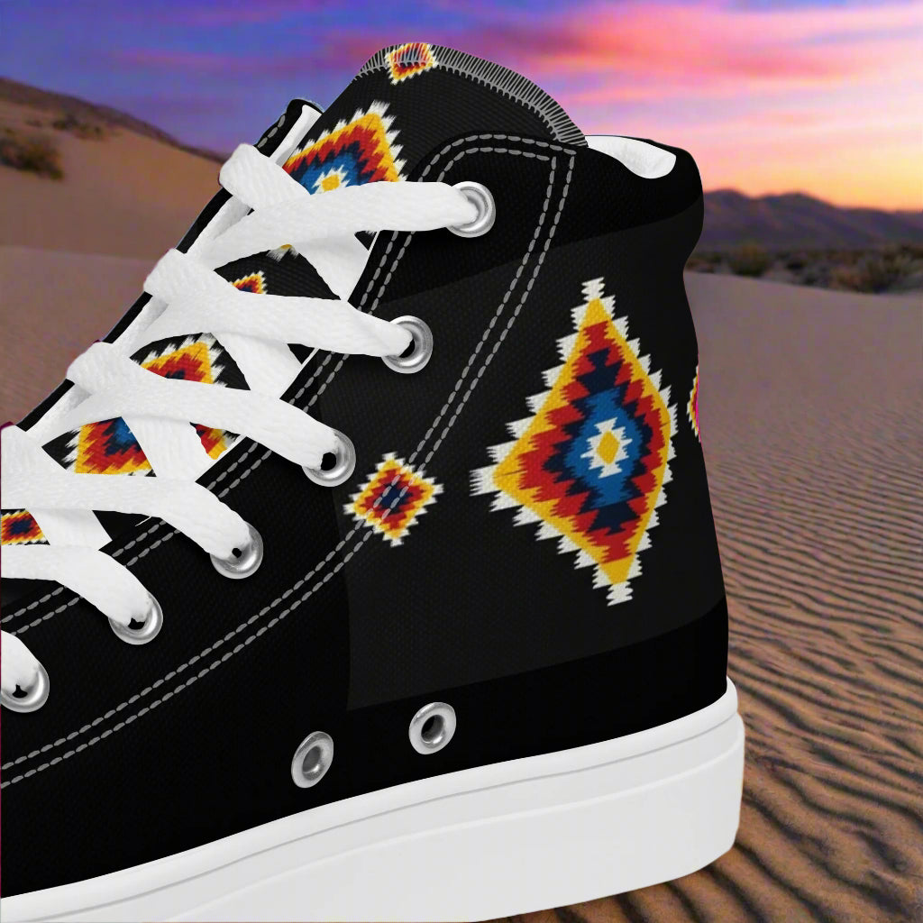 WildSage Market black High Top Canvas Shoes with white sole and colorful southwestern diamond pattern