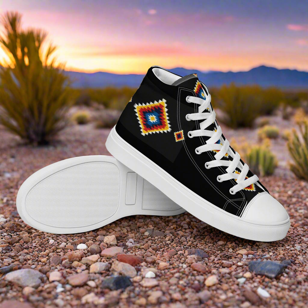 WildSage Market black High Top Canvas Shoes with colorful Southwestern diamond embroidery and white sole in desert sunset
