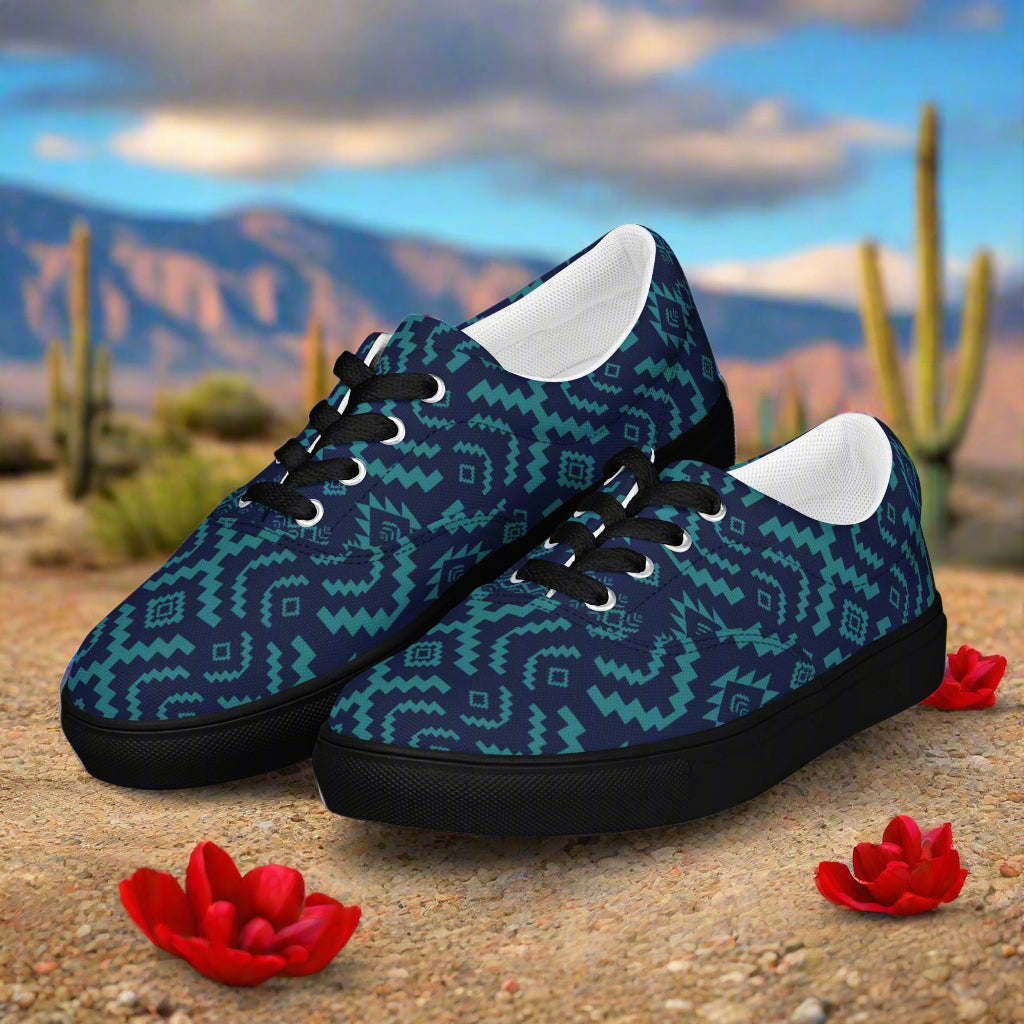 Southwest Lace-up Canvas Shoes WildSage Market navy turquoise geometric print with black soles and laces on desert