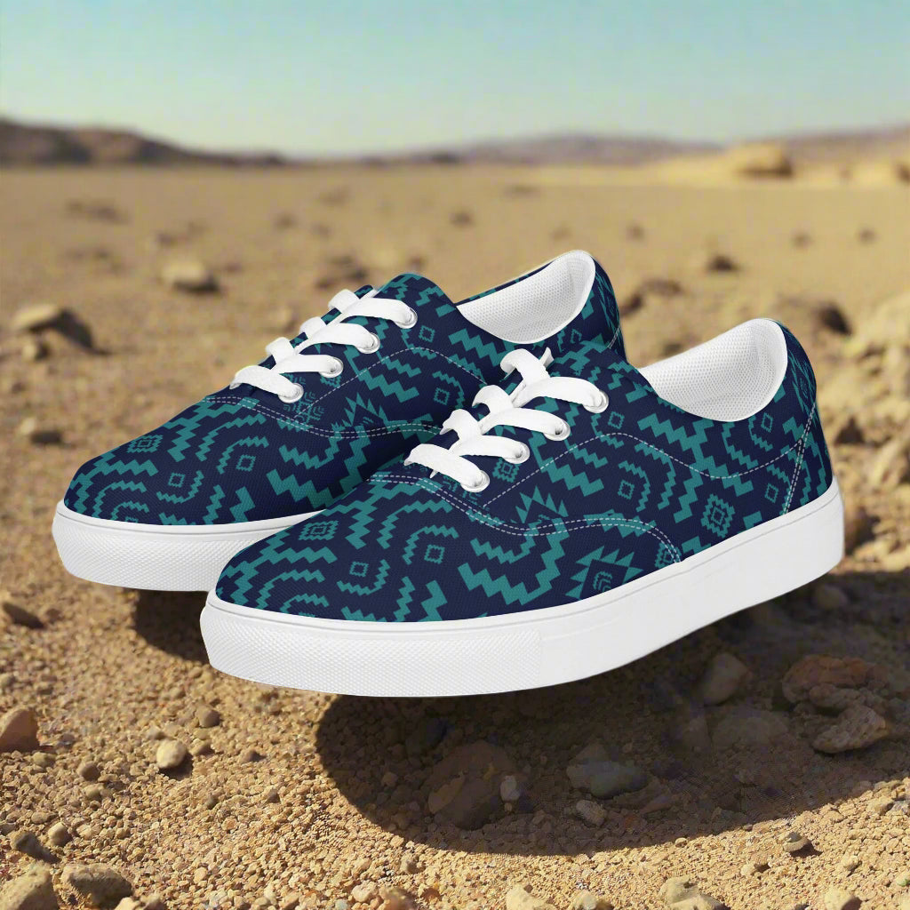Southwest Lace-up Canvas Shoes WildSage Market teal navy Aztec pattern lace up canvas sneakers with white soles on desert sand