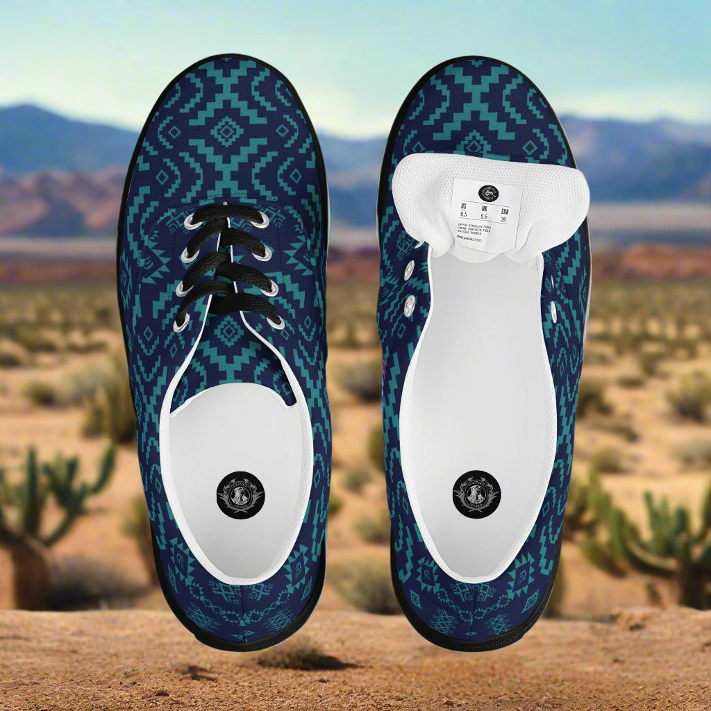 WildSage Market Southwest Lace-up Canvas Shoes teal geometric pattern top view over desert