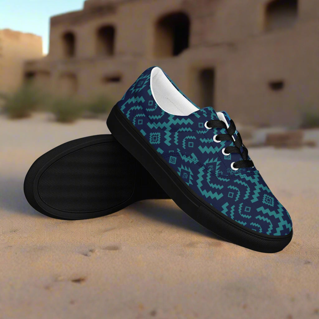 WildSage Market Southwest Lace-up Canvas Shoes in teal and navy geometric pattern with black rubber sole and white lining