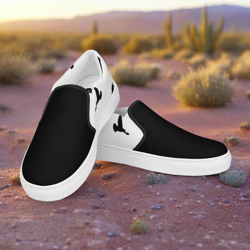 WildSage Market black Slip-on Canvas Shoes with white rubber sole low profile casual desert background