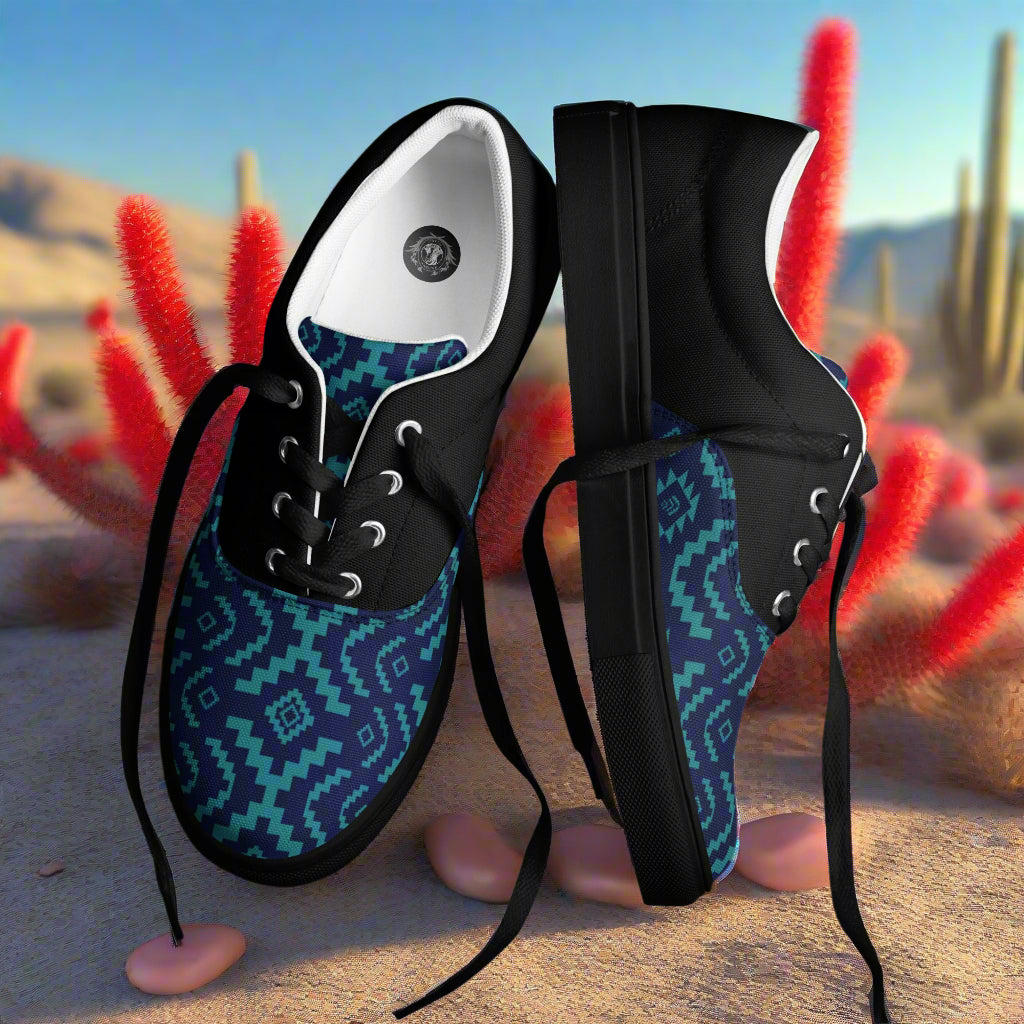 WildSage Market Southwest patterned Lace-up Canvas Shoes in black with teal Aztec print panels for casual wear