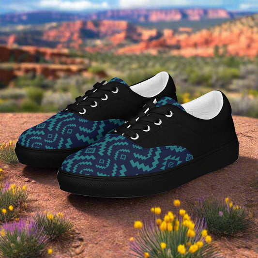 WildSage Market Southwest patterned Lace-up Canvas Shoes black low top with teal geometric desert pattern
