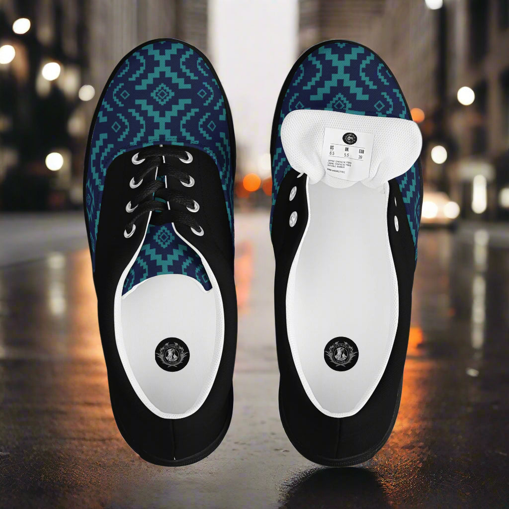 WildSage Market Southwest patterned Lace-up Canvas Shoes blue teal geometric print top view