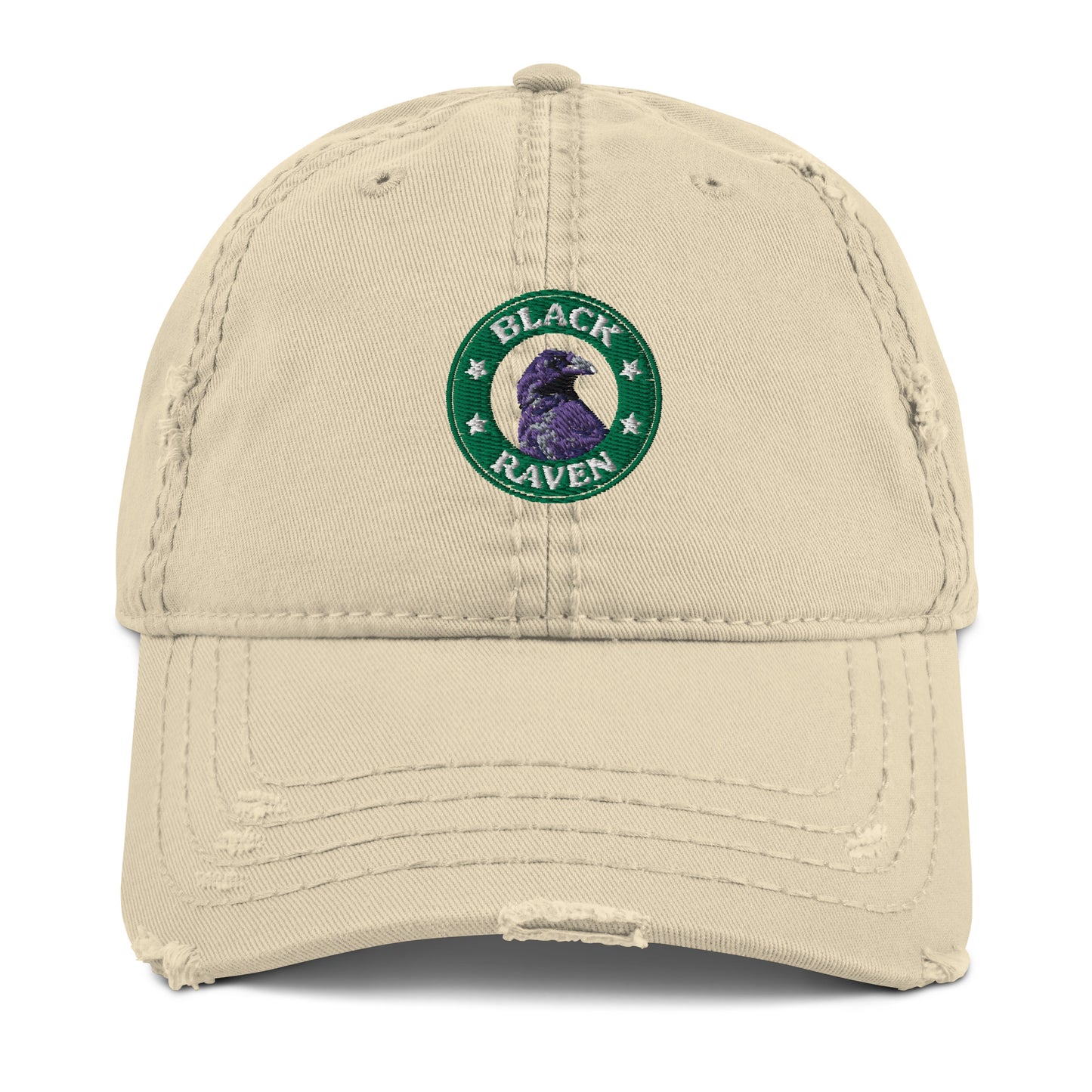 Distressed Hat Black Raven Logo with a faded design and adjustable strap for casual wear