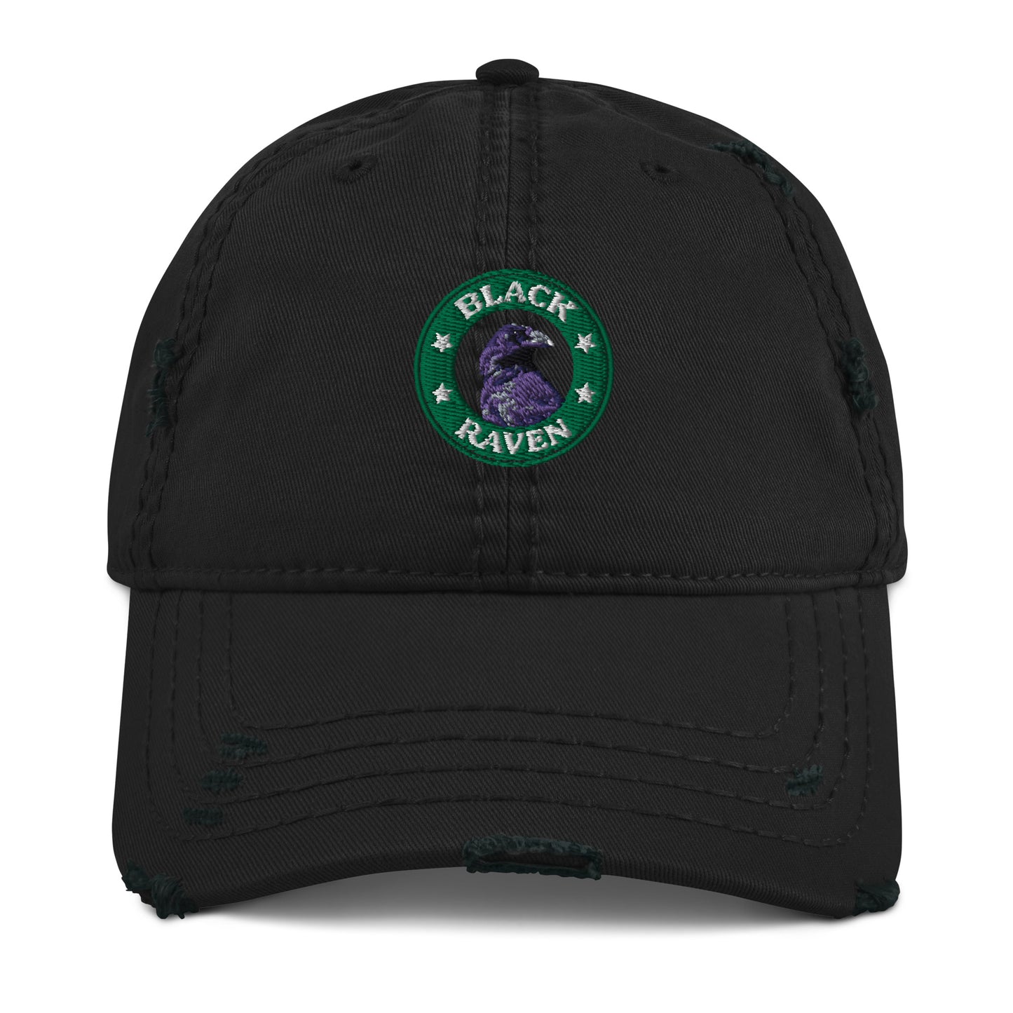 Distressed Hat Black Raven Logo featuring a vintage design and adjustable back strap