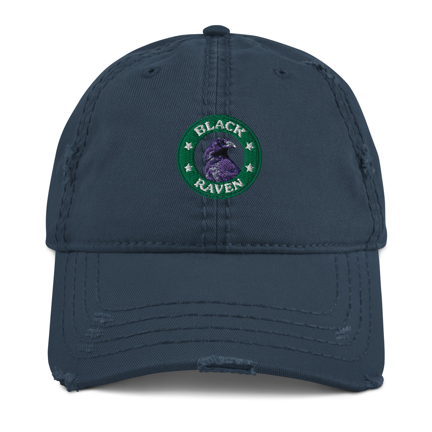 Distressed Hat Black Raven Logo in Navy with Vintage Design and Adjustable Strap for Casual Wear