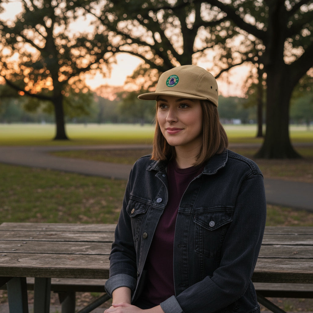Embroidered Cap Black Raven Logo in tan color worn by a model in a denim jacket