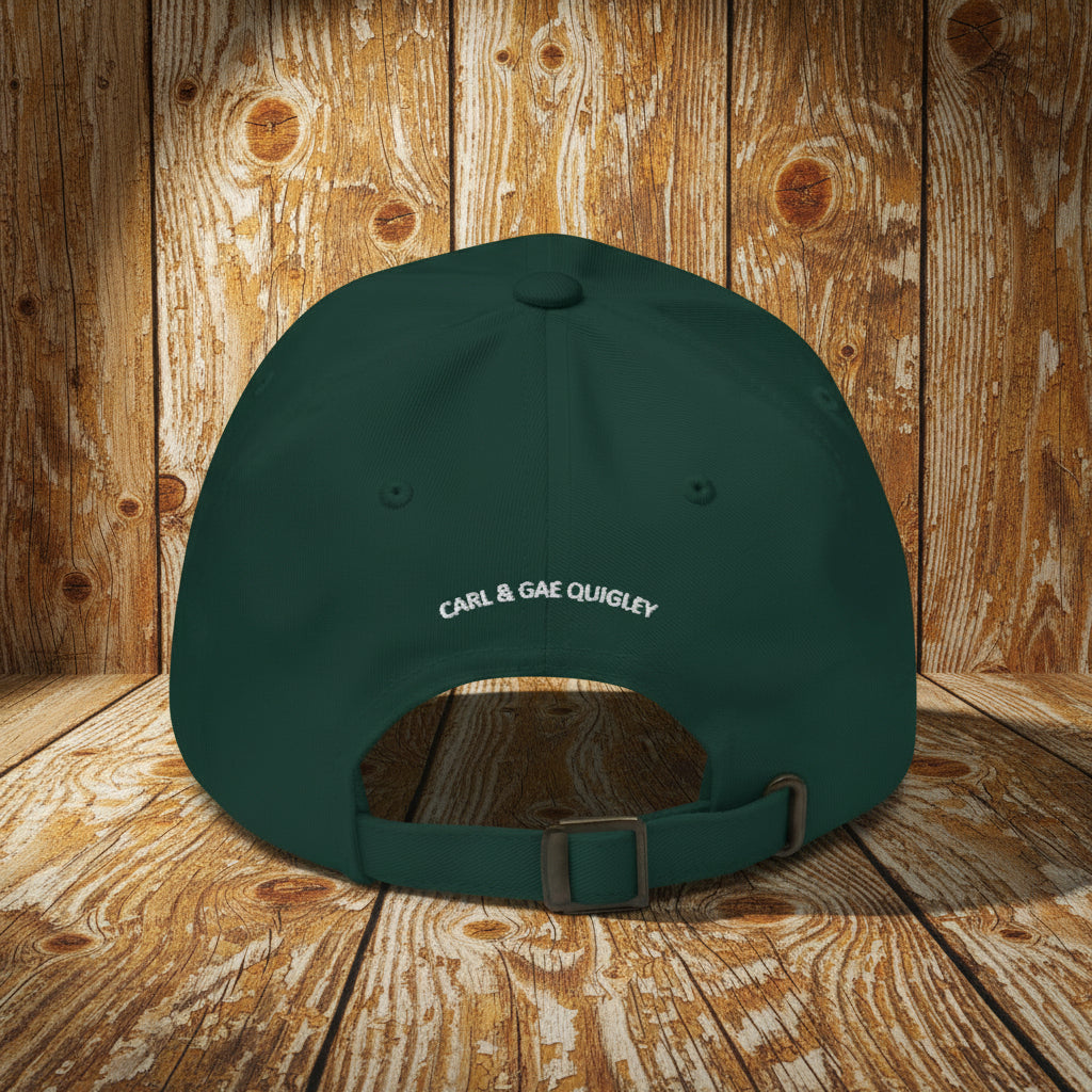 Back view of embroidered dad hat in dark green featuring custom text for personalization