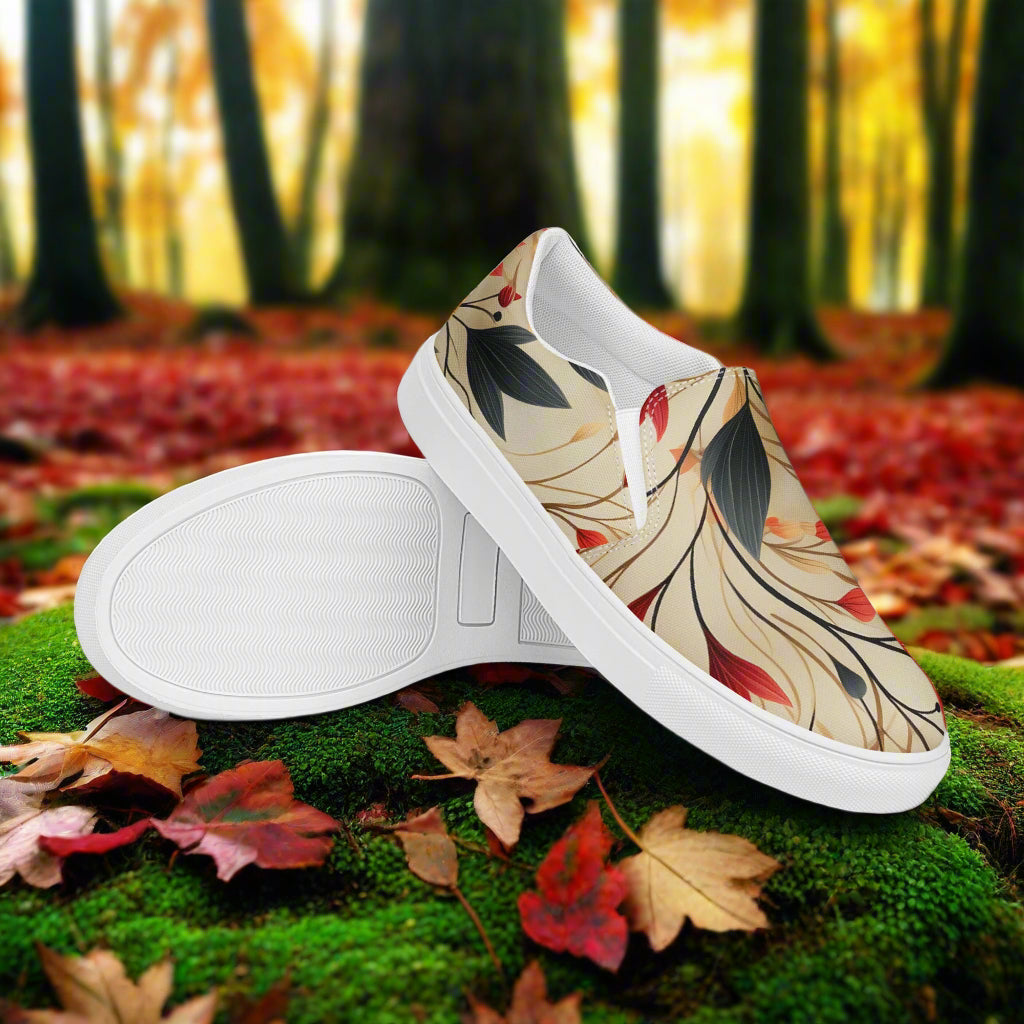 Floral Print Slip-on Canvas Shoes Autumn Fire design on a vibrant fall leaf background