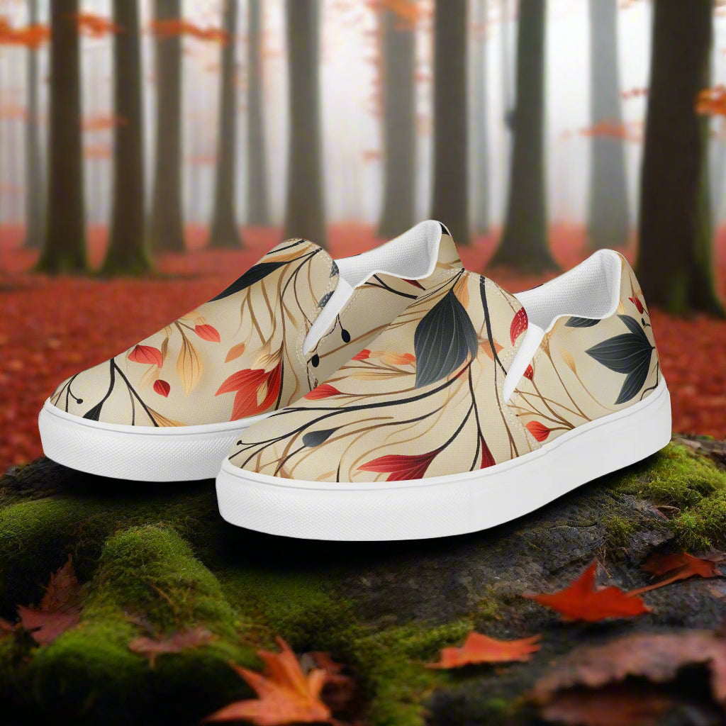 Floral Print Slip-on Canvas Shoes Autumn Fire with vibrant leaf designs on a white background
