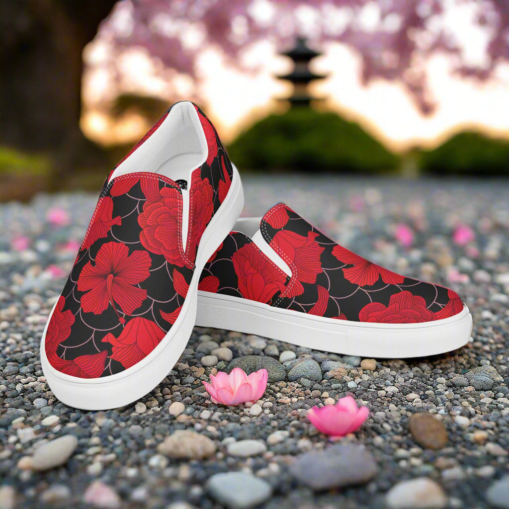 Floral Print Slip-on Canvas Shoes with vibrant red flowers on a black background for stylish comfort