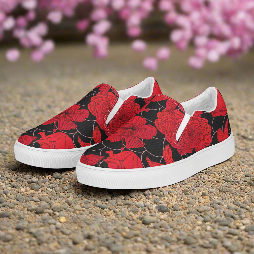 WildSage Market Floral Print Slip-on Canvas Shoes in Red and Black Design for Comfortable Wear