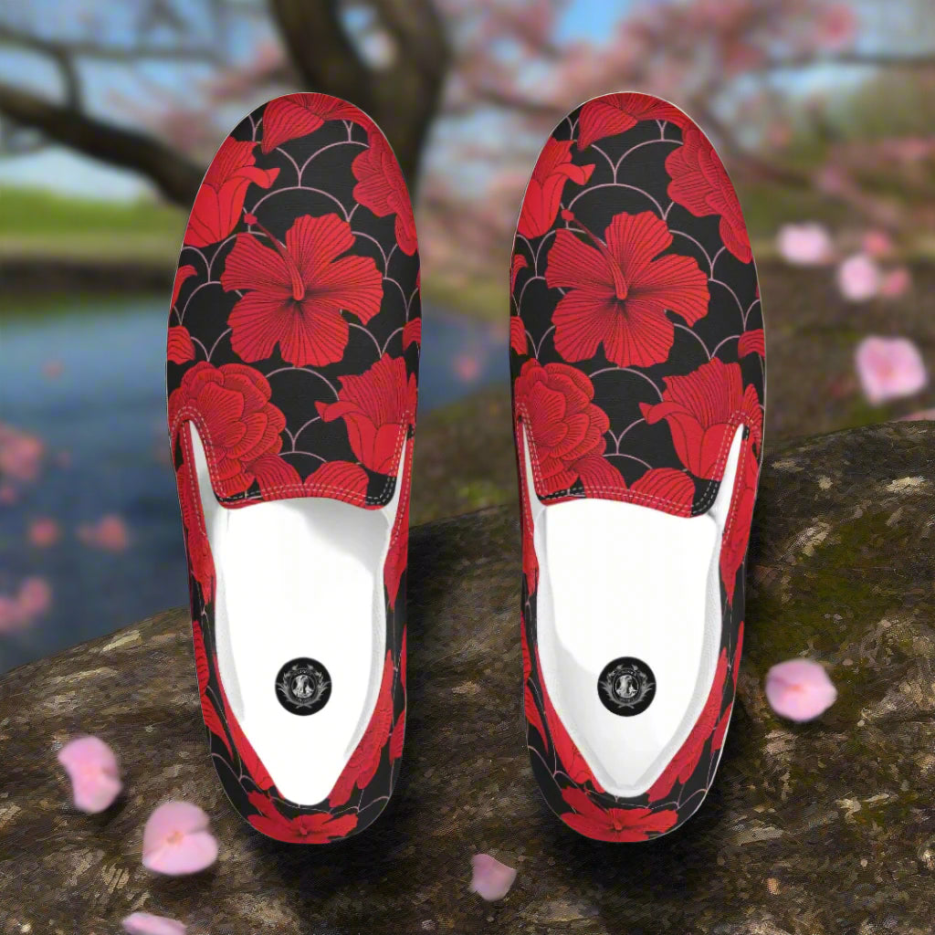 WildSage Market Floral Print Slip-on Canvas Shoes featuring vibrant red floral design for casual wear