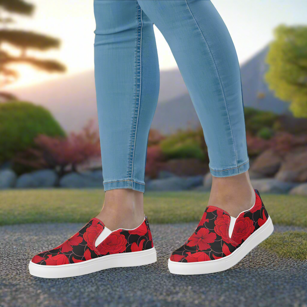Floral Print Slip-on Canvas Shoes in red with white soles, perfect for casual and stylish wear