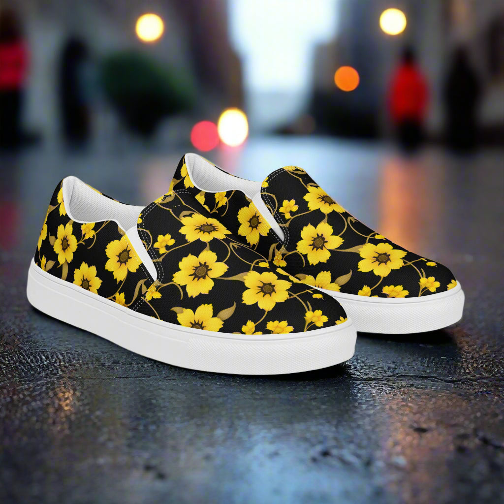 Floral Print Slip-on Canvas Shoes Yellow Bloom with black background for casual style