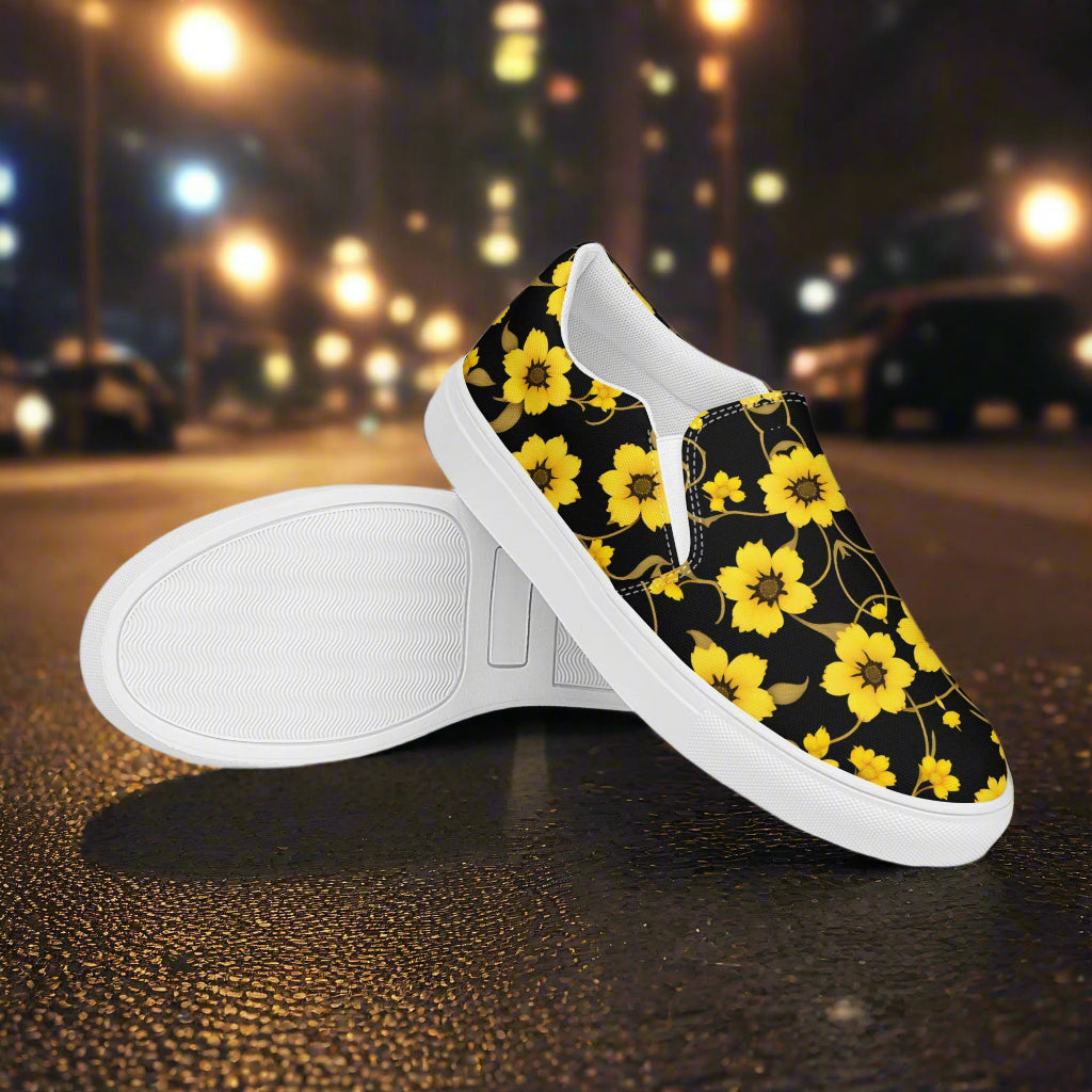 Floral Print Slip-on Canvas Shoes Yellow Bloom on a city street with a night backdrop