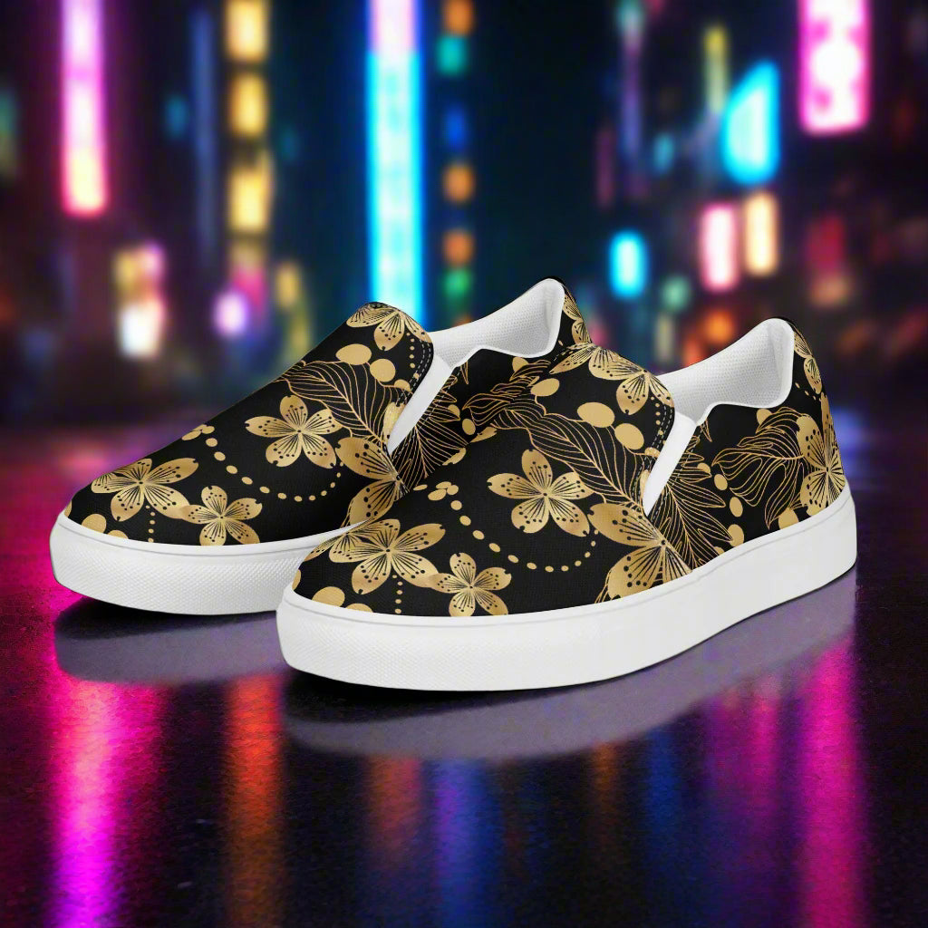 Golden Lily Slip-on Canvas Shoes with Floral Design and Classic White Sole for Casual Wear