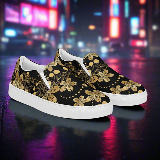 Golden Lily Slip-on Canvas Shoes with Elegant Floral Design on a Black Background