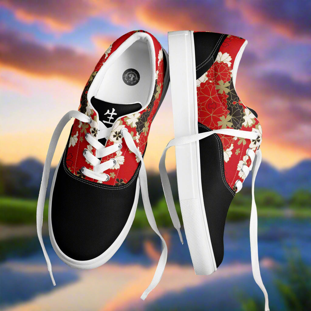 WildSage Market Custom Lace-up Canvas Shoes red floral and black design with white laces and rubber sole