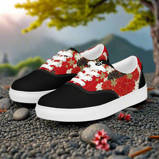 WildSage Market Custom Lace-up Canvas Shoes in black and red floral canvas with white laces and sole