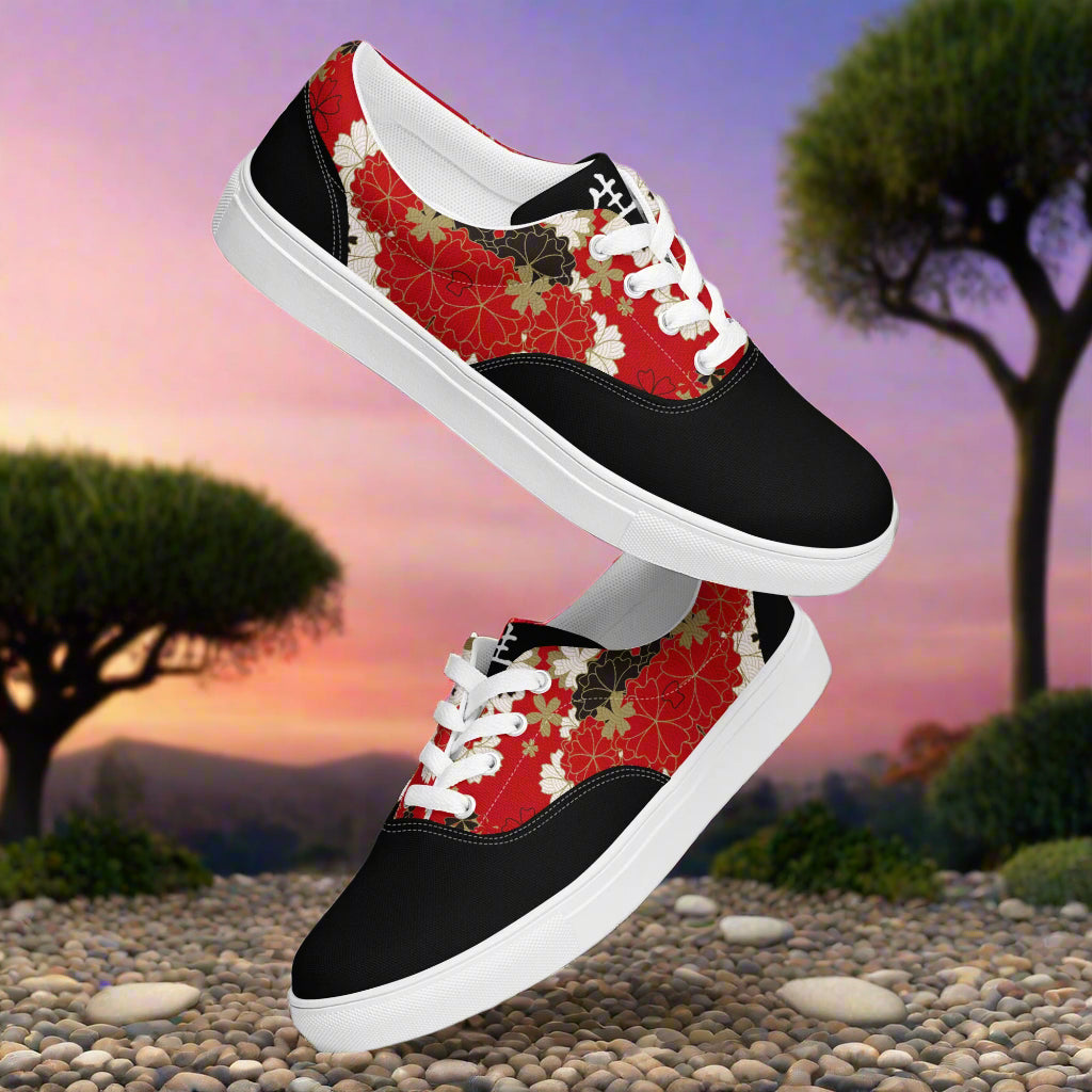 WildSage Market Custom Lace-up Canvas Shoes black toe white sole red floral panels with white laces