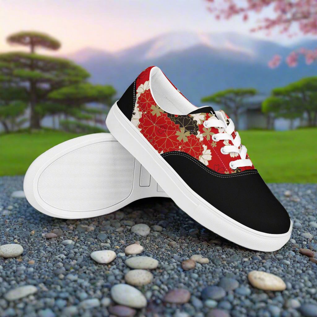 WildSage Market Custom Lace-up Canvas Shoes low top black toe with red floral panels white laces and rubber sole