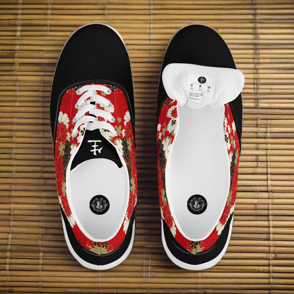 WildSage Market Custom Lace-up Canvas Shoes top view red floral pattern black toe caps on bamboo mat