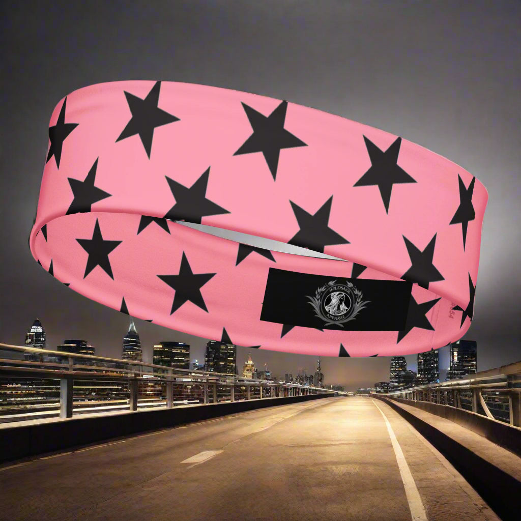 WildSage Market headband pink black stars pattern stretchy and comfortable head-hatband accessory