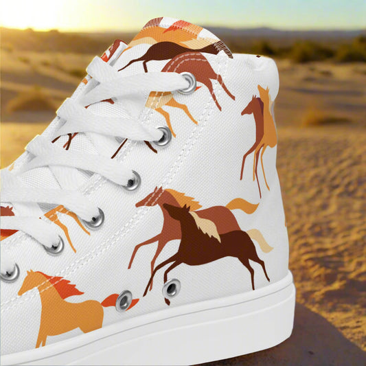 WildSage High Top Canvas Shoes featuring colorful horse designs on a white background