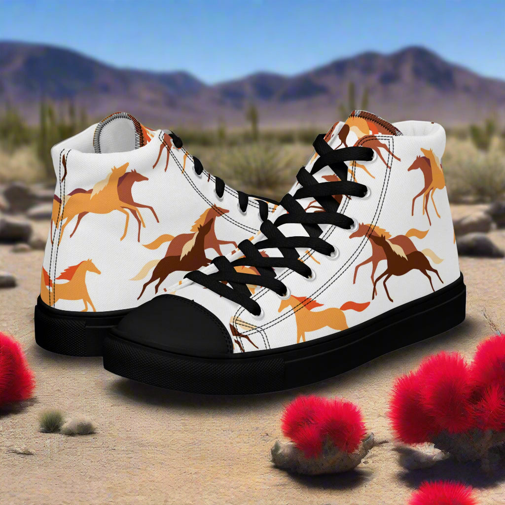WildSage High Top Canvas Shoes featuring a colorful horse print against a desert backdrop