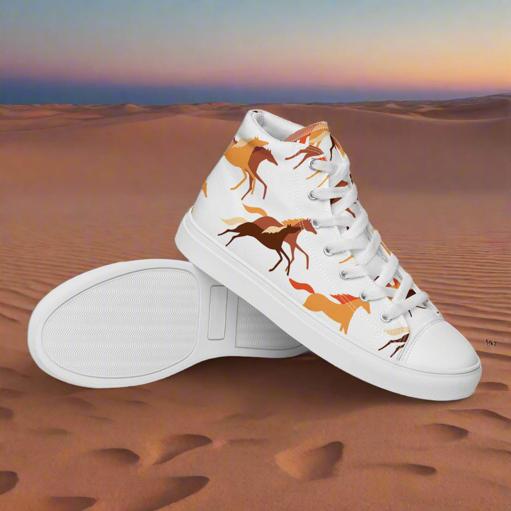 WildSage High Top Canvas Shoes featuring a colorful horse design on a white background