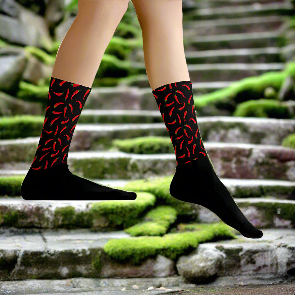 Hot Chili Unisex Black Bottom Socks featuring a vibrant chili design for stylish comfort