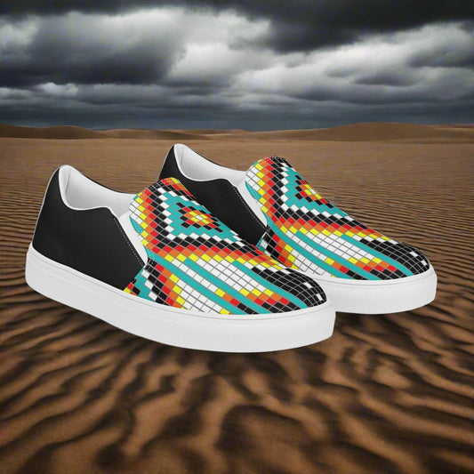 WildSage Market Slip-on Canvas Shoes Hotai Halftone featuring a colorful geometric design on a sandy background