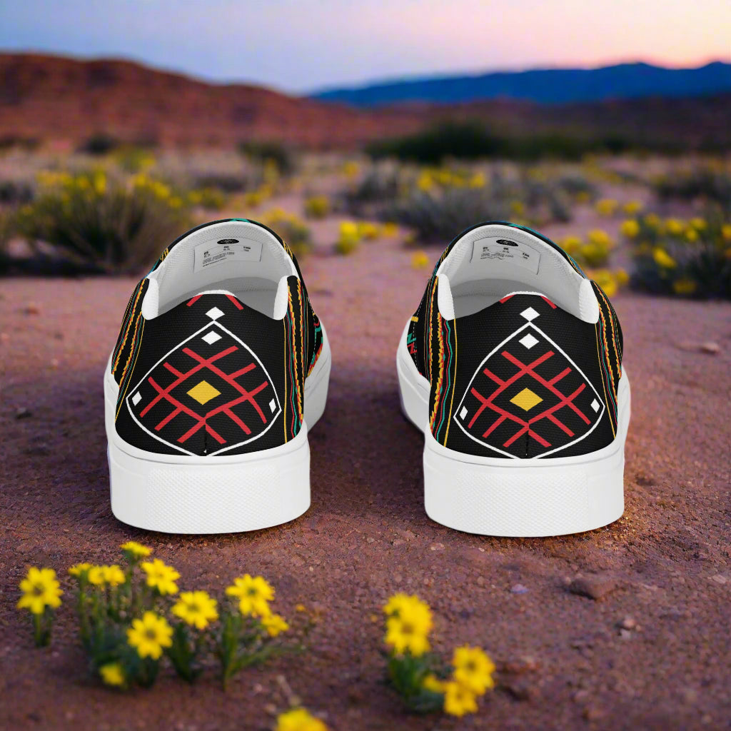 Stylish Slip-on Canvas Shoes Hualipai Southwest Print with colorful geometric designs against a desert backdrop