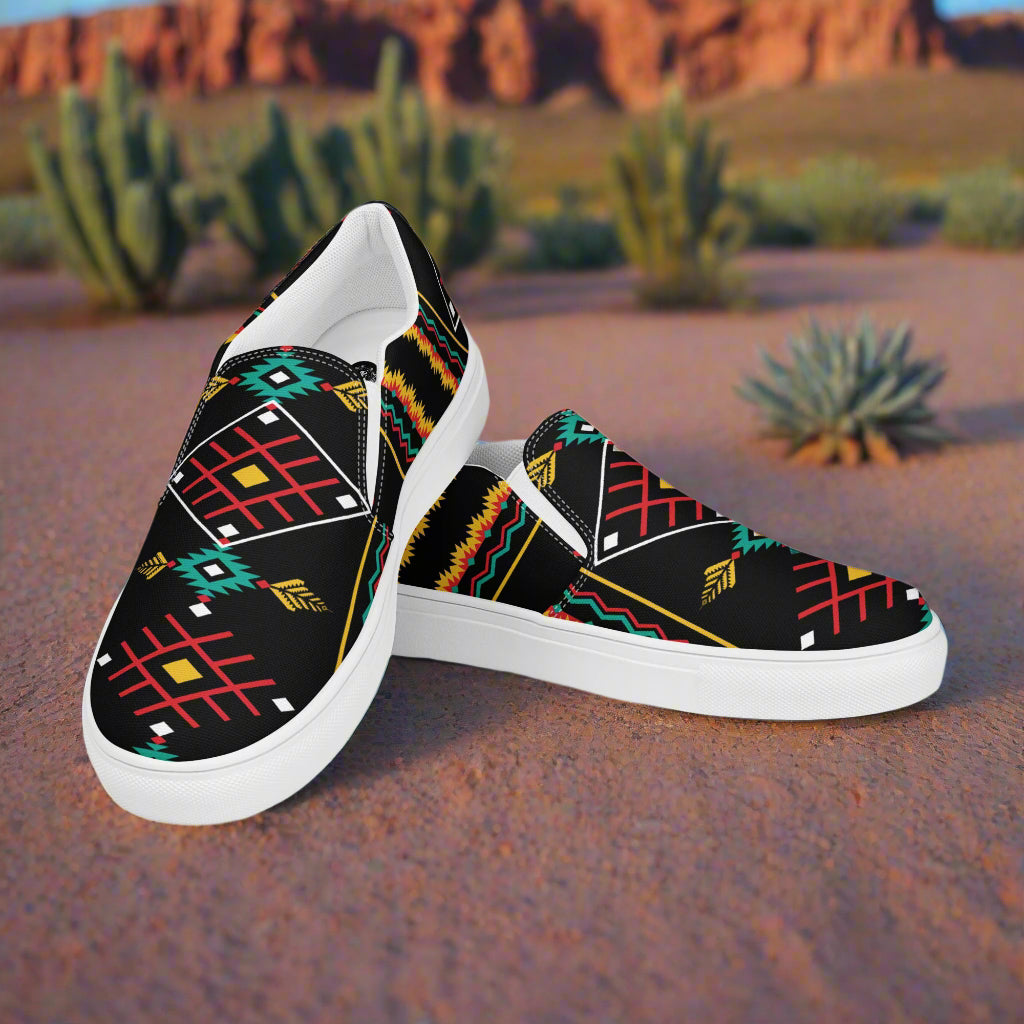 Slip-on Canvas Shoes Hualipai Southwest Print featuring vibrant patterns on a stylish black background