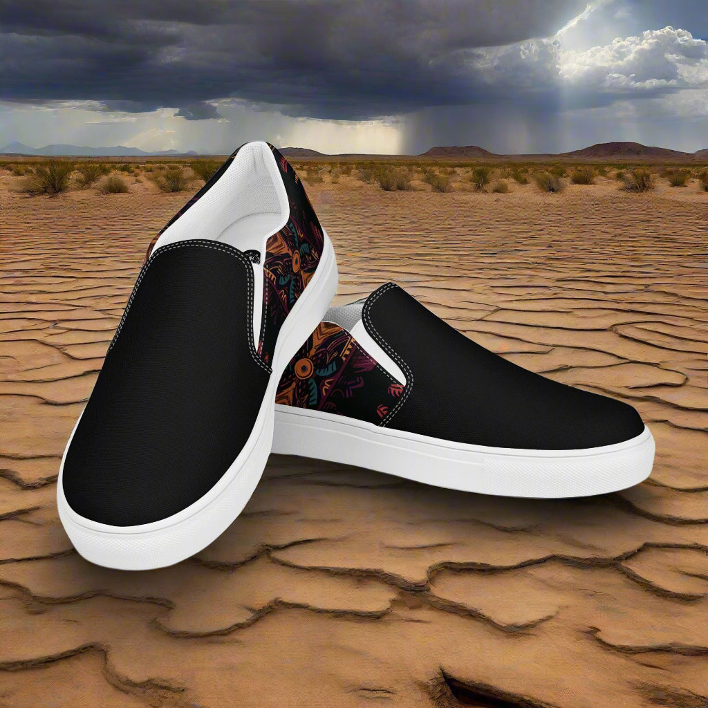 Iktomi Two Tone Slip-on Canvas Shoes in Black with Colorful Design on the Side