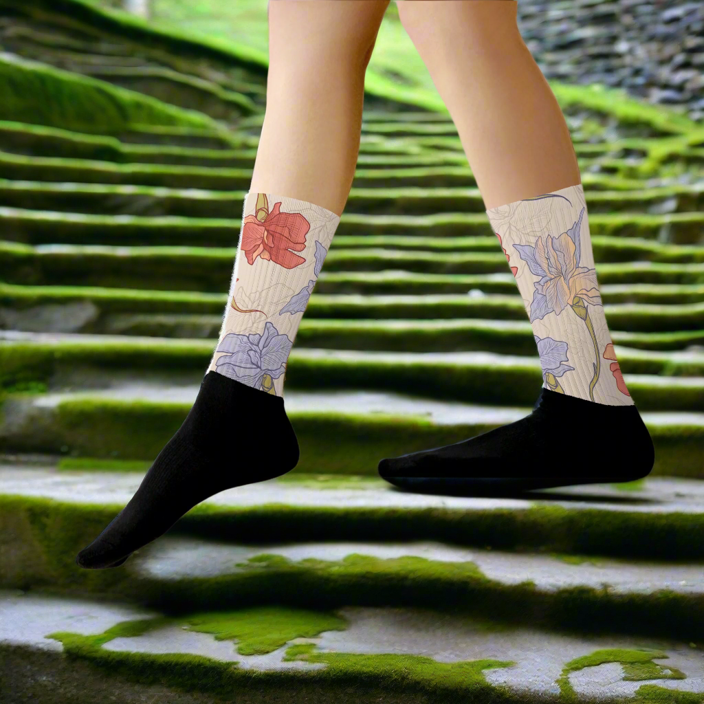 Iris Unisex Black Bottom Socks with floral design, perfect for stylish and comfortable wear