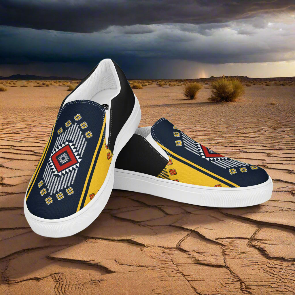 WildSage Market Slip-on Canvas Shoes Kaibito Halftone with vibrant geometric patterns in a desert setting