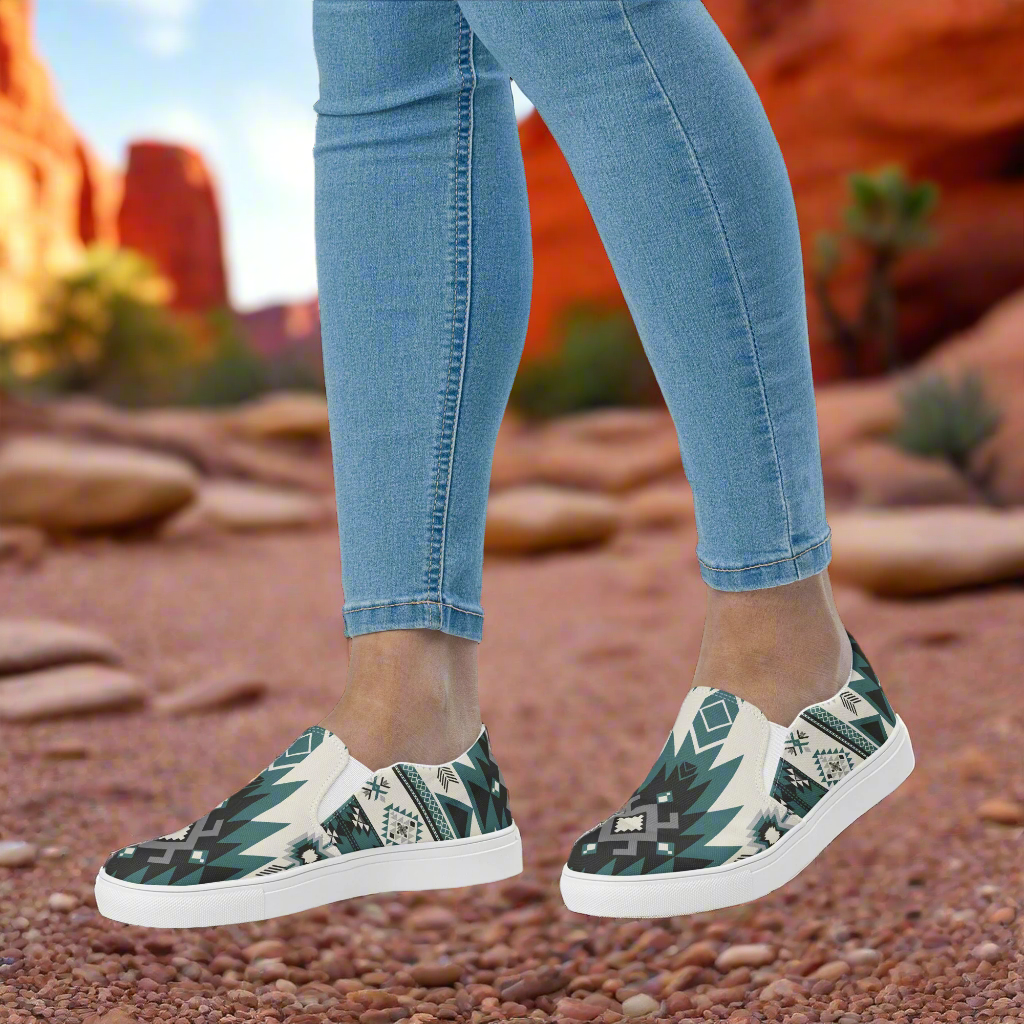 Kanab Southwest Print Slip-on Canvas Shoes worn with jeans in a desert setting