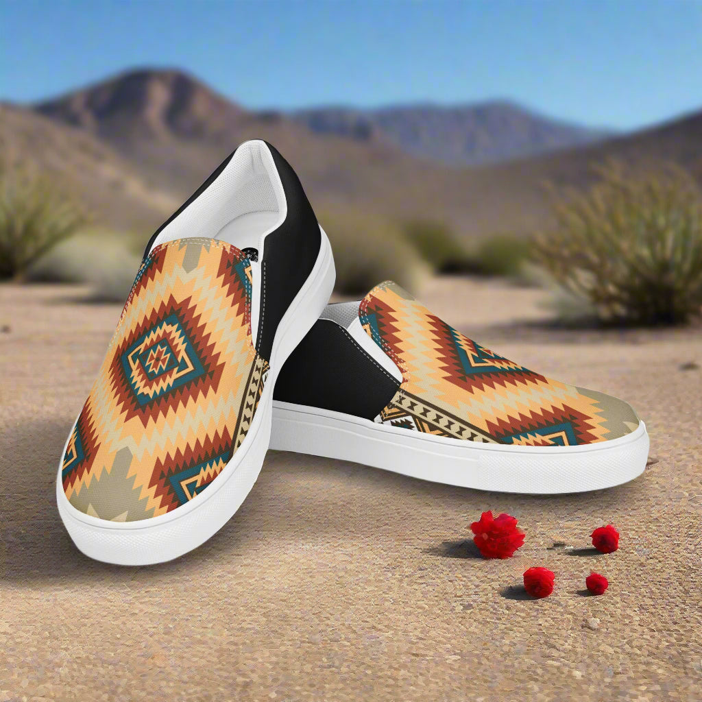 Kayenta Halftone Slip-on Canvas Shoes with Vibrant Geometric Pattern on Desert Background