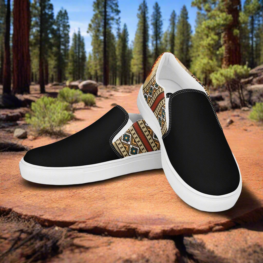 Kayenta Two Tone Slip-on Canvas Shoes in Black and Tribal Pattern, perfect for casual outdoor wear