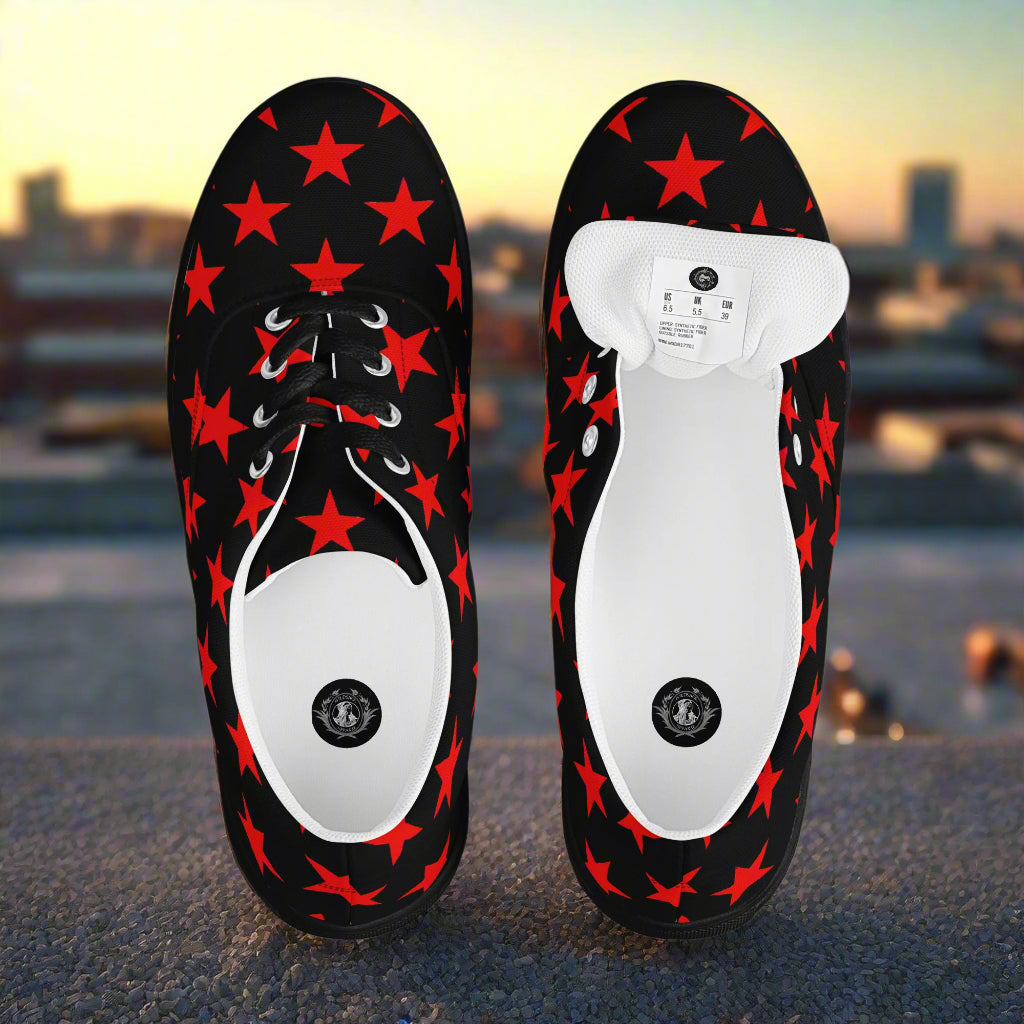 WildSage Market lace up red star black canvas shoes with red star pattern on black background
