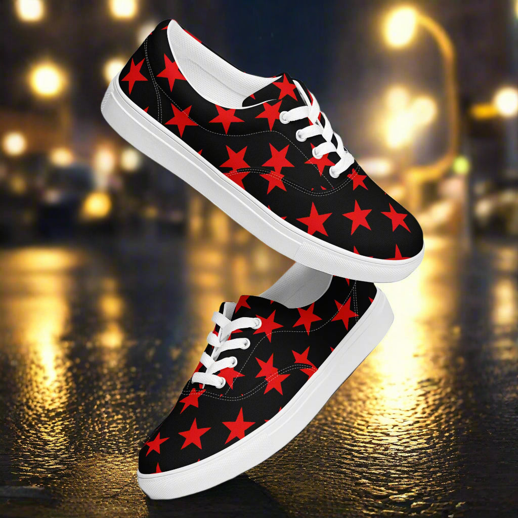 WildSage Market lace-up canvas shoes featuring lace up red star black design with white soles