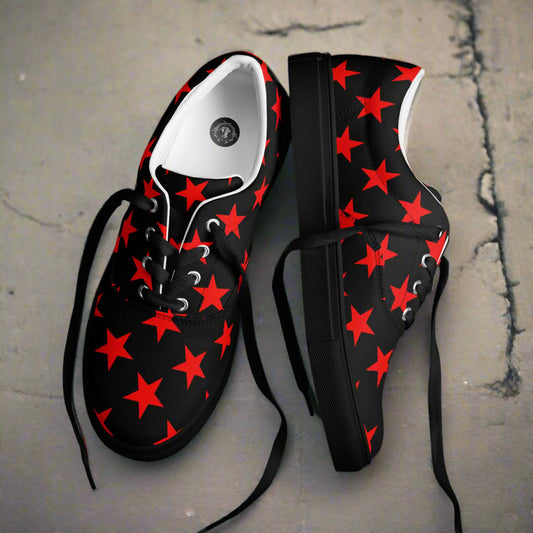 WildSage Market lace up red star black canvas shoes with red stars on black background and black laces