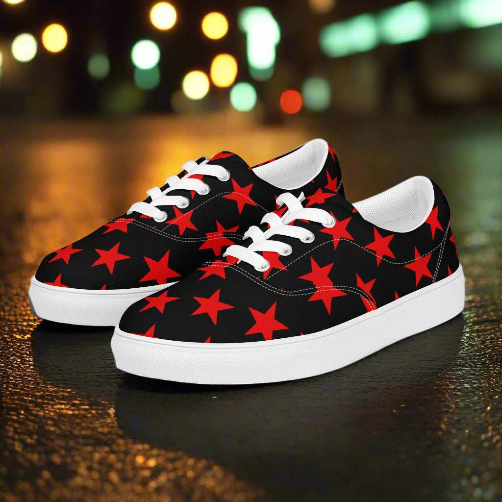 WildSage Market lace up red star black canvas shoes with white laces and soles for casual wear