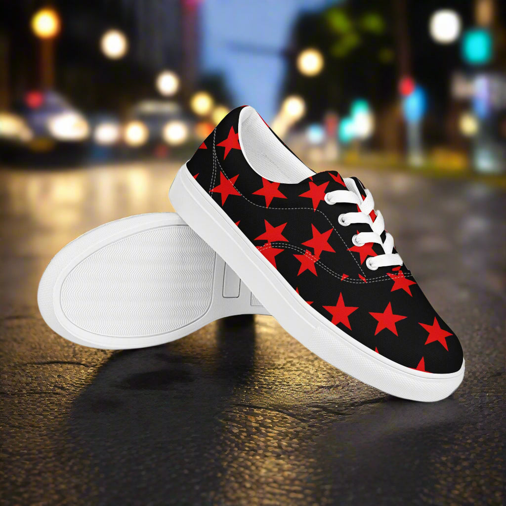 WildSage Market lace up red star black canvas shoes with white soles and laces
